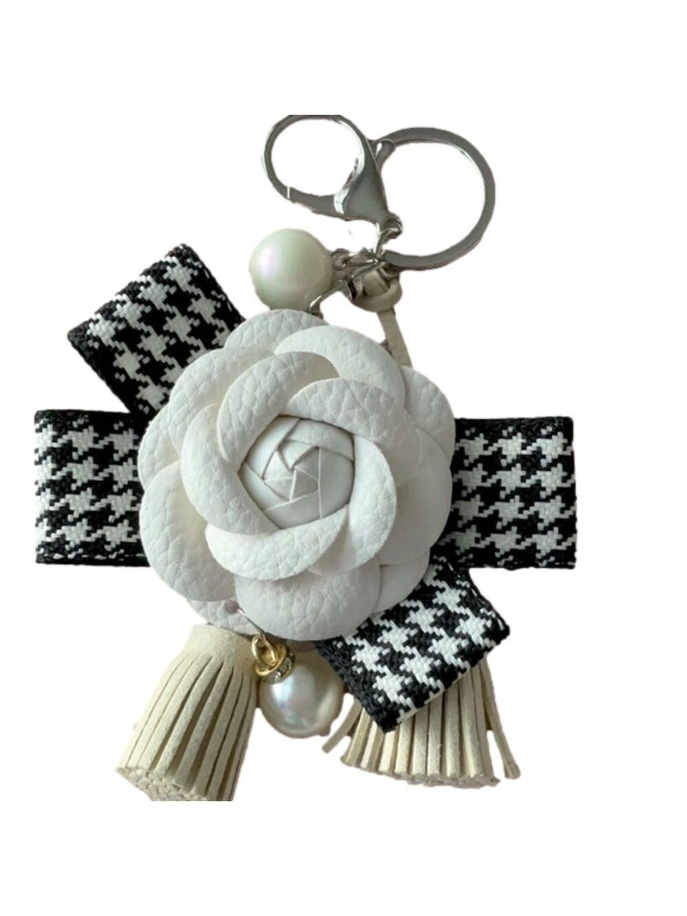 White Leather Camilla Flower Purse Charm Keychain